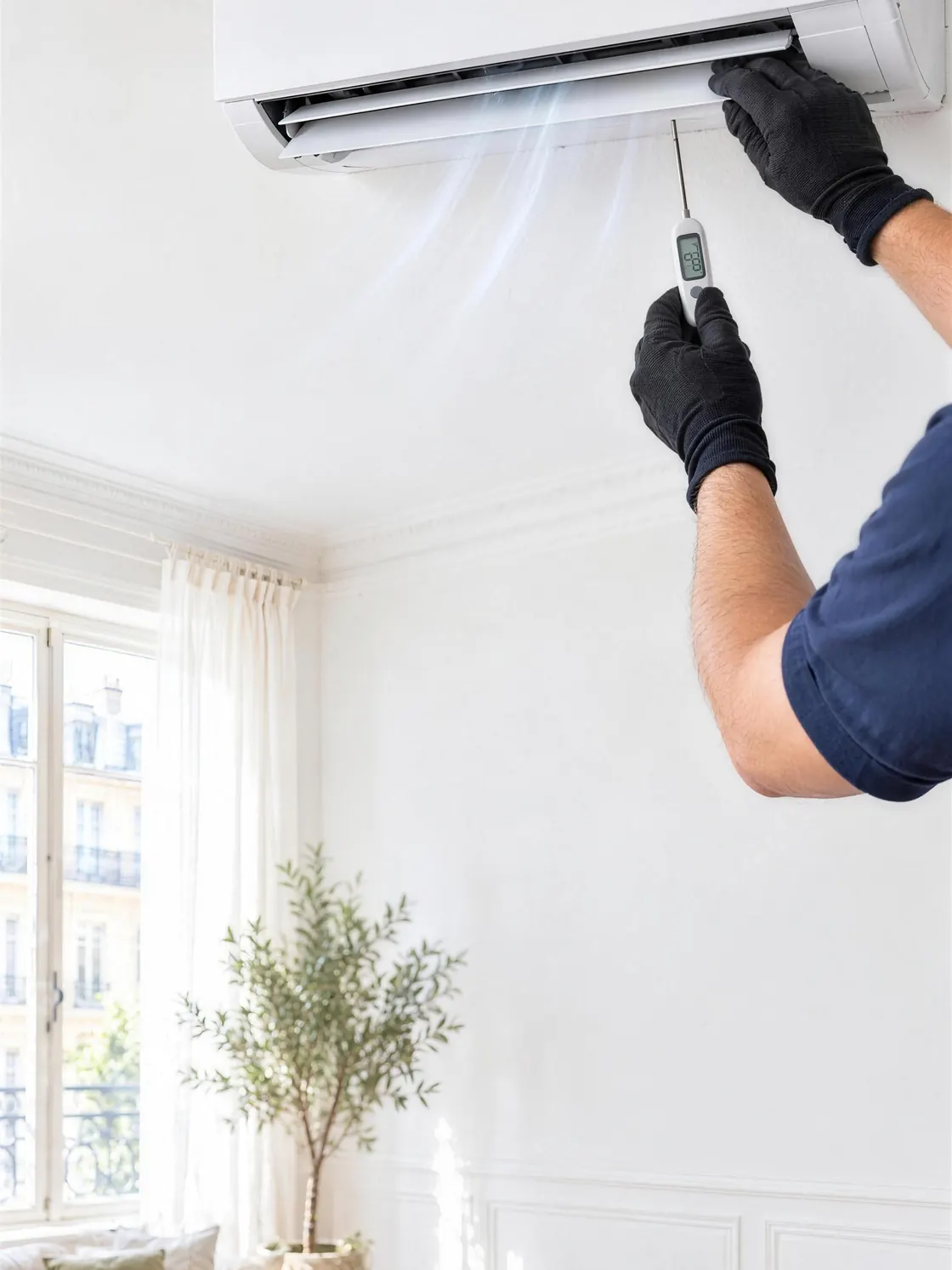 Après la pose, un technicien contrôle au thermomètre l’air qui sort de la climatisation, dans un salon clair.