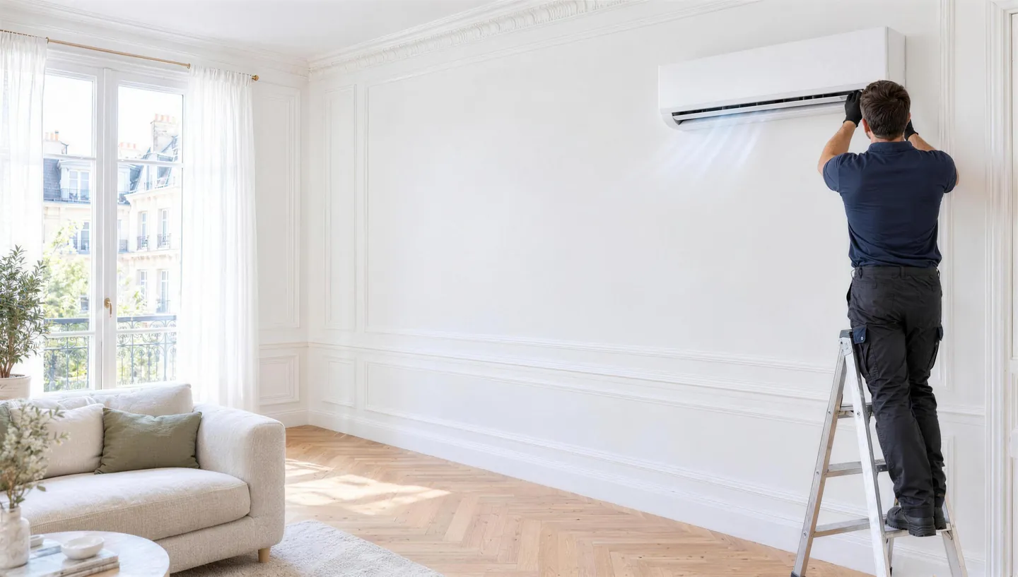 Un technicien règle une climatisation murale dans un salon clair.