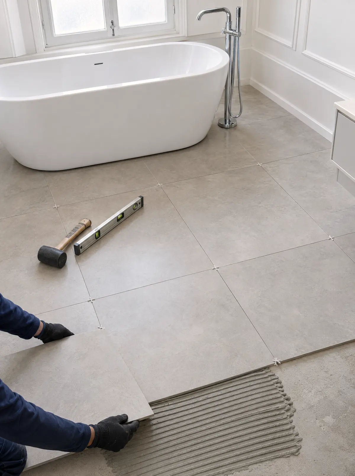 Dans une salle de bain claire, au pied de la baignoire, un carreleur pose de grands carreaux au sol.