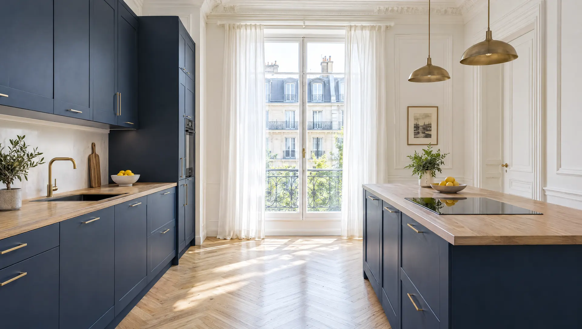 Une cuisine sur mesure bleu nuit avec un îlot en bois, dans un appartement haussmannien lumineux.