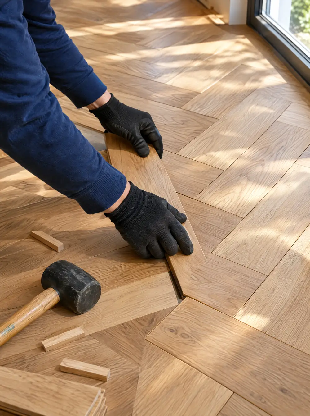 Pose d’un parquet en point de Hongrie, lame par lame, dans la lumière d’une fenêtre.